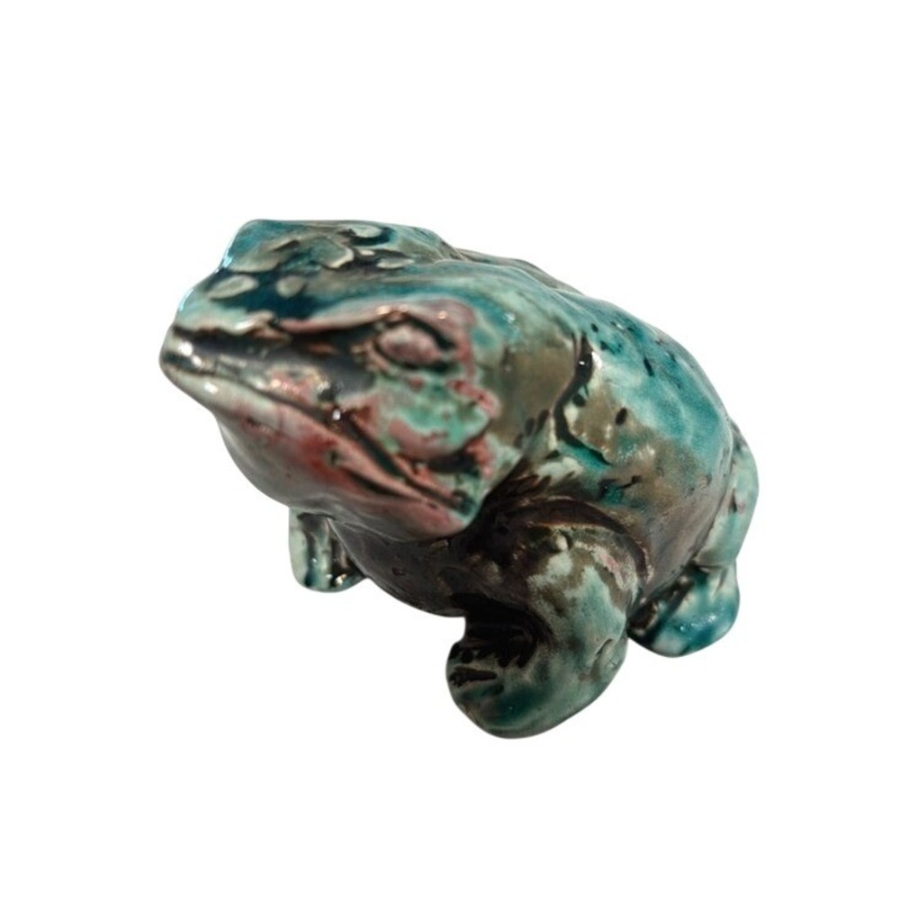 Artisan Ceramic Toad Figurine Turquoise Brown Art Pottery Frog